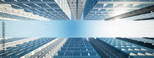 Wide panoramic 3D rendering of modern skyscrapers viewed from below, rising toward sky. Cityscape with contemporary building exteriors, office towers, real estate development and property investment.