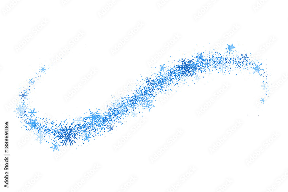 Fototapeta premium Winter snow wind with blue flakes on white background. Swirl pattern with falling crystals. Cold fresh air flow. Abstract vector illustration.