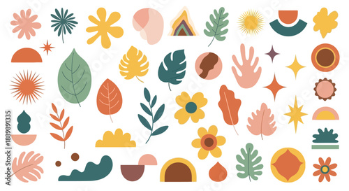Vibrant collection of botanical and geometric elements offering a playful and organic feel for