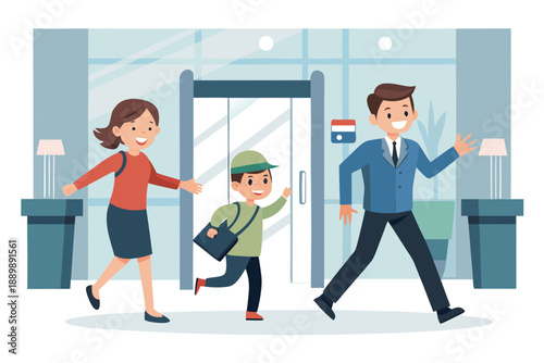 Smiling family entering modern building with child carrying school bag, concept of daily routine, education or family visit