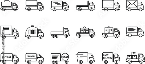 Variety of outline icons for delivery trucks and vans, highlighting express, eco-friendly, and fast shipping services for logistics
