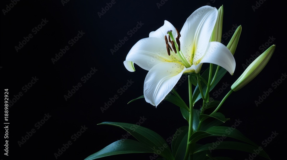 Fototapeta premium A single, pristine white flower blossoms against a stark, black background with green stems & buds