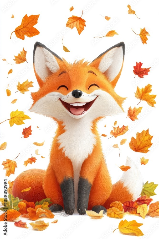 Fototapeta premium Cute cartoon fox sitting among colorful autumn leaves