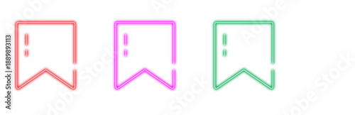 Neon bookmark icons in red, pink and green glowing outlines isolated on a white background representing saved items or favorites in a vibrant and modern digital interface design