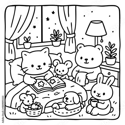 A cozy indoor scene featuring cute animal characters gathered around a bedtime story, promoting warmth and comfort.