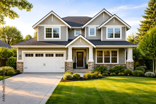 Modern residential house showcasing a well maintained green lawn, mature landscaping, and a concrete driveway leading to a two car garage under clear skies