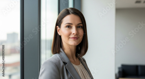 Professional woman smiling confidently in a modern office setting viewed from a slight angle