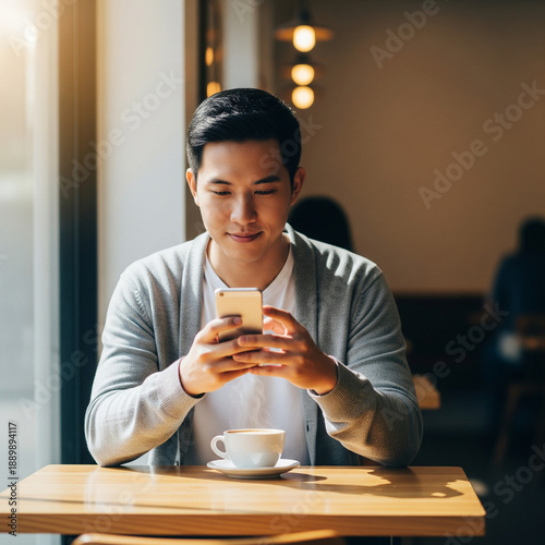 Man sitting at a cafe table, smiling while looking at his smartphone in a relaxed atmosphere indoors
