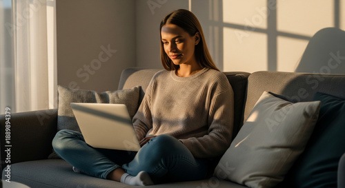 Woman sitting comfortably on a couch using a laptop in a cozy living room setting with soft natural light