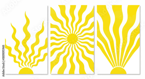 Yellow sunburst graphics in a triptych panel design representing a rising sun with abstract rays