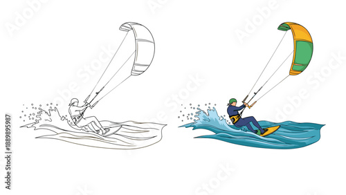 Kitesurfer riding the ocean waves, shown as both a full-color illustration and a black and white line art sketch.