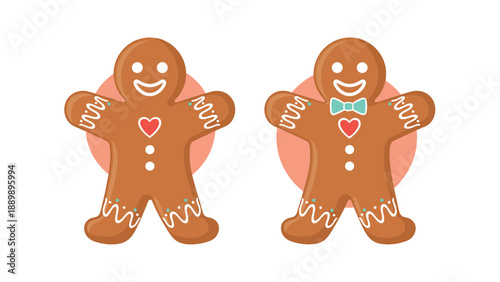Two cute gingerbread man cookies, one plain and one with a teal bowtie, decorated with icing for the Christmas holidays.