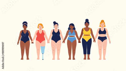 Group of diverse women with different body types, skin colors, and a prosthetic leg, holding hands to promote body positivity.
