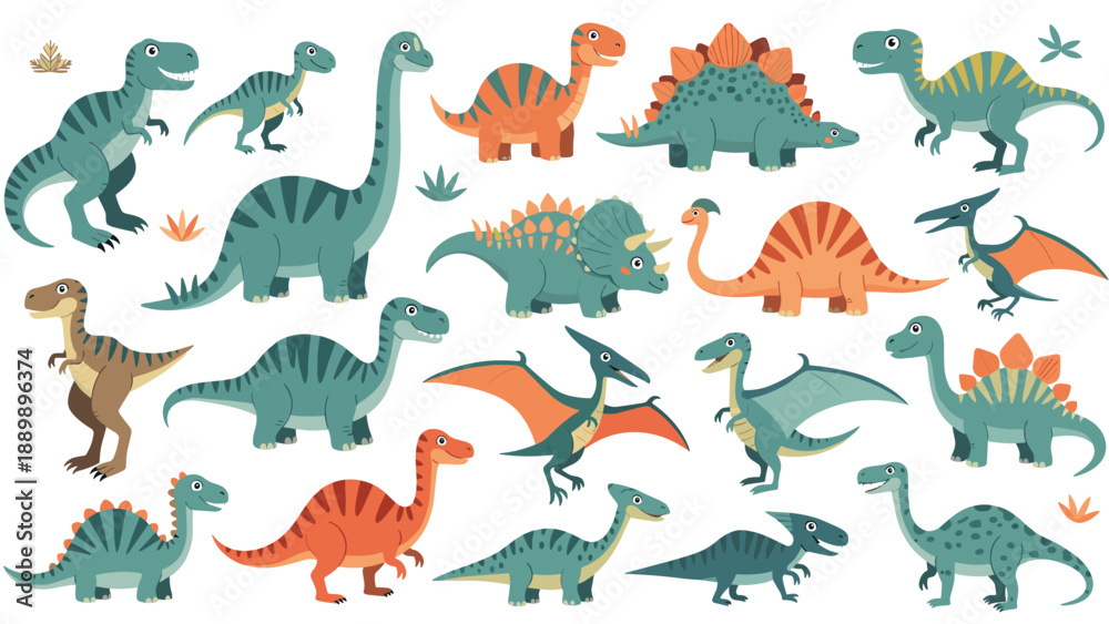 Naklejka premium Large collection of cute and friendly cartoon dinosaurs of various species like T-Rex, Brontosaurus, and Stegosaurus.