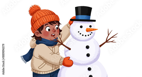 Young girl building a snowman on a winter day outdoors, smiling and having fun