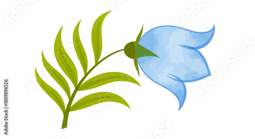 Illustration of a blue flower with green leaves viewed from the side in a simple style