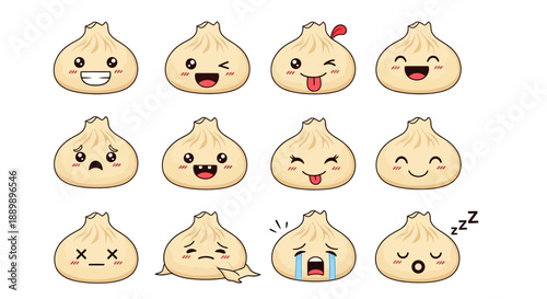 Assorted Cartoon Dumplings with Various Facial Expressions and Emotions Displayed