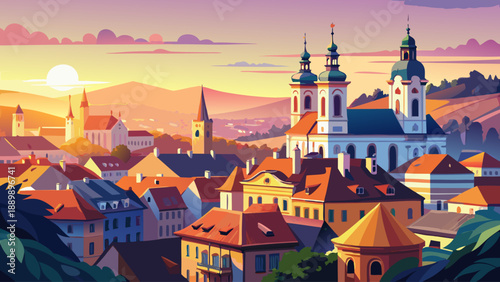 Wallpaper Mural  Very beautiful summer sunrise over Banská Bystrica city center, illuminating historic squares and classic Slovak architecture in soft morning light. Torontodigital.ca