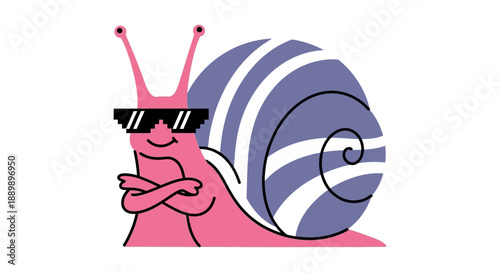 A cartoon snail wearing sunglasses is depicted with a relaxed pose and striped shell