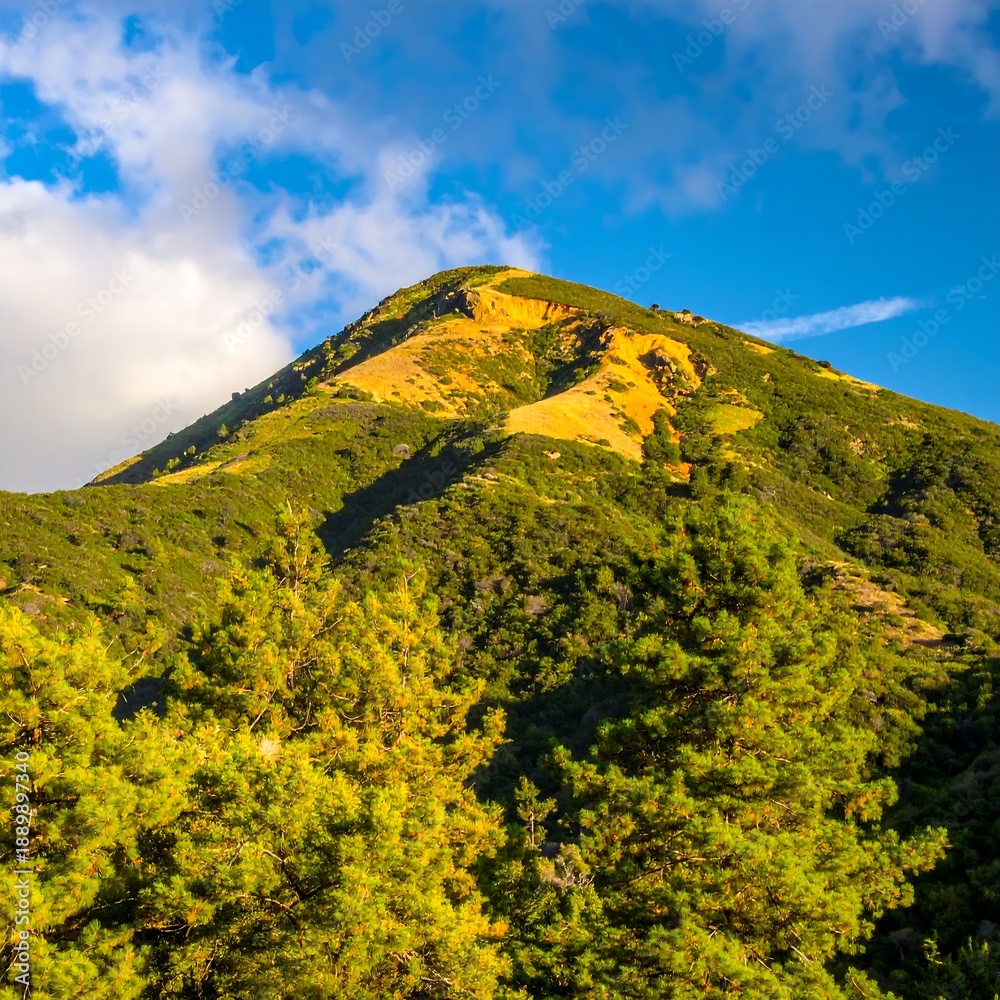 Obraz premium Green mountain rises under a sky with clouds, offering scenic view, in natural landscape
