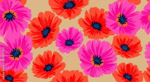 Vibrant flowers pattern with pink and red blooms on a warm background, digital illustration