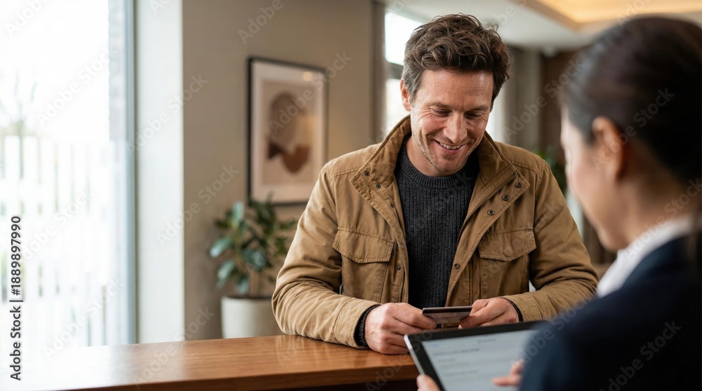 Obraz premium A young Caucasian man with brown hair smiles while holding a smartphone. A woman with dark hair assists him at a reception desk in a modern setting.