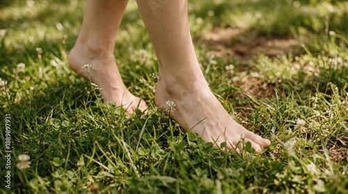 Bare feet walking on green grass in a natural setting. The scene conveys a sense of freedom and connection to nature.