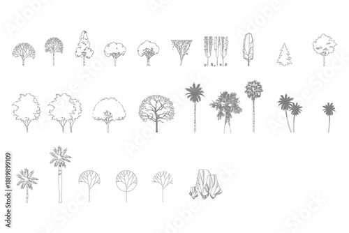 front View Vector Icons of Trees and Plants for Floor Plan and Architectural Design Projects	