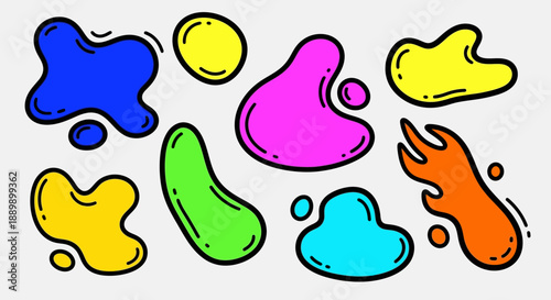 Collection of vibrant cartoon-style liquid blobs with quirky outlines, perfect for graphic design