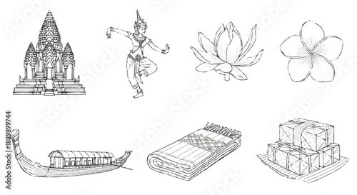 Ancient temple, dancer, lotus flower, boat, and scroll Angkor Wat traditional dancer