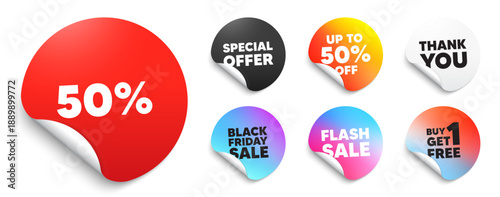 Discount red sticker tag. Special offer paper price tags. 50 percent off sale tag. Discount offer price sign. Special offer symbol. Discount, black friday sticker. Promo banner. Vector