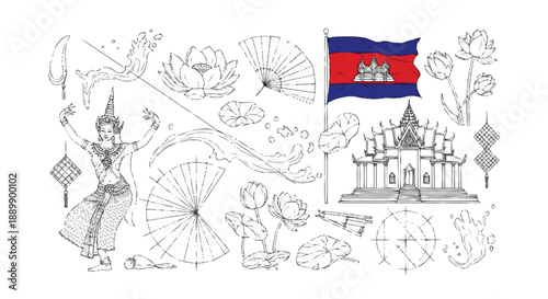 Cambodian flag and cultural with dancers and lotus flowers Angkor Wat traditional dance