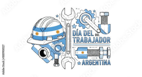 Blue and white worker helmet with tools and gears celebrating Labor Day in Argentina