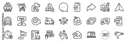 Approved phone, 360 degrees and Correct answer line icons pack. Share, Message, Paper plane icons. Send mail, Update time, Hair dryer web icon. Vector