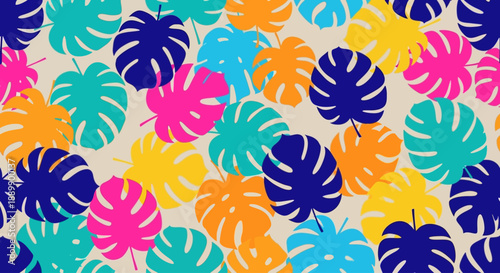 Vibrant tropical monstera leaves pattern in various colors and sizes on a light background from a direct viewpoint