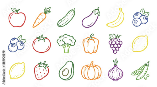 Set of Colorful Hand Drawn Chalk Fruit and Vegetable Icons Isolated on Transparent Background for Healthy Food and Menu Design PNG