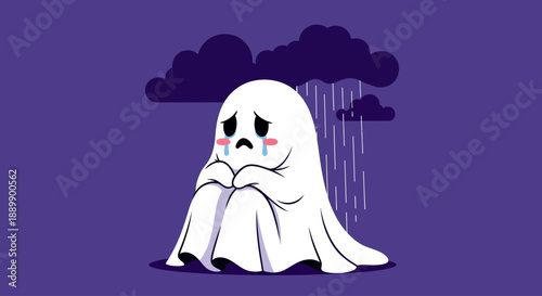 A ghost sitting alone under the rain with a sad expression, surrounded by dark clouds