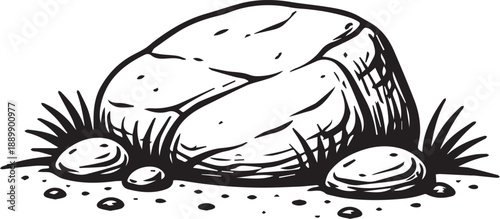 A serene illustration of an old stone resting among blades of grass in a calming, minimalist black and white graphic.