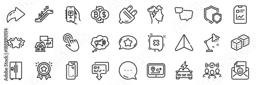 Floor plan, Speech bubble and Refrigerator line icons pack. Share, Message, Paper plane icons. Cursor, Shields, Escalator web icon. Reject, Table lamp, Dice pictogram. Vector
