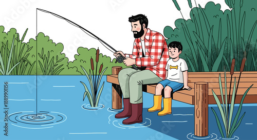 Man and child sitting on a wooden bench by the lake, fishing together on a sunny day
