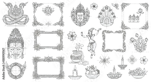Intricate black and white line of Buddhist symbols and motifs line Buddhist symbols