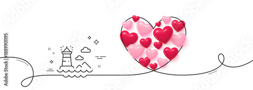 Lighthouse line icon. Continuous line big heart. Beacon tower sign. Searchlight building symbol. 3d hearts in heart shaped loop. Lighthouse single line ribbon. Loop curve pattern. Vector