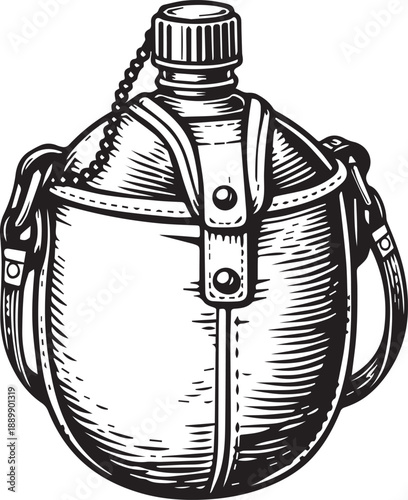 An illustration of vintage military canteen with a classic design, perfect for outdoor or military themed projects, evoking a sense of heritage and preparedness.