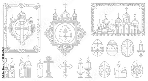 Orthodox church with crosses and candles in intricate line religious symbols domes