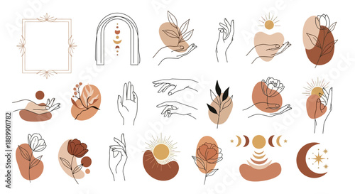 Line art elements with hands celestial bodies and abstract shapes in earthy tones art