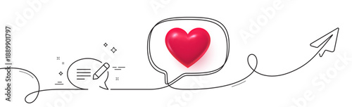 Message chat line icon. Continuous line with share plane. Speech bubble sign. Feedback symbol. 3d heart in speech bubble. Message single line ribbon. Loop curve pattern. Vector