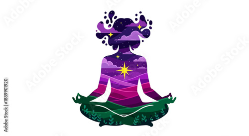 A serene illustration of a person meditating surrounded by vibrant, cosmic elements and floral motifs in a lotus position.