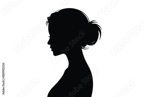 A black silhouette of a woman with her hair in a bun against a white background