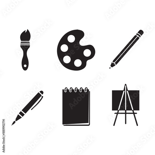 Art Supplies and Fine Art Creative Tools Silhouette Vector Collection for Graphic Design.