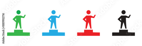 set of four simplistic stick figure icons standing on podiums in green, blue, red, and black isolated on a white background representing achievement and success